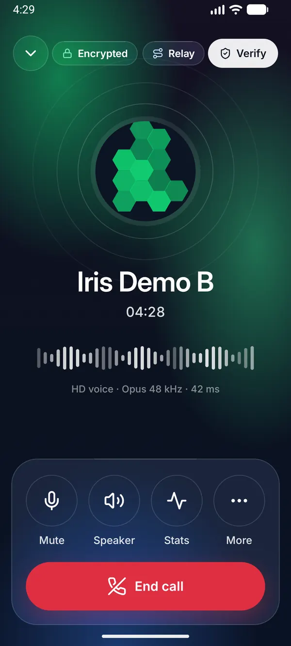 Hexagon voice call screen in the Calm Glass look, showing Encrypted, Relay and Verify