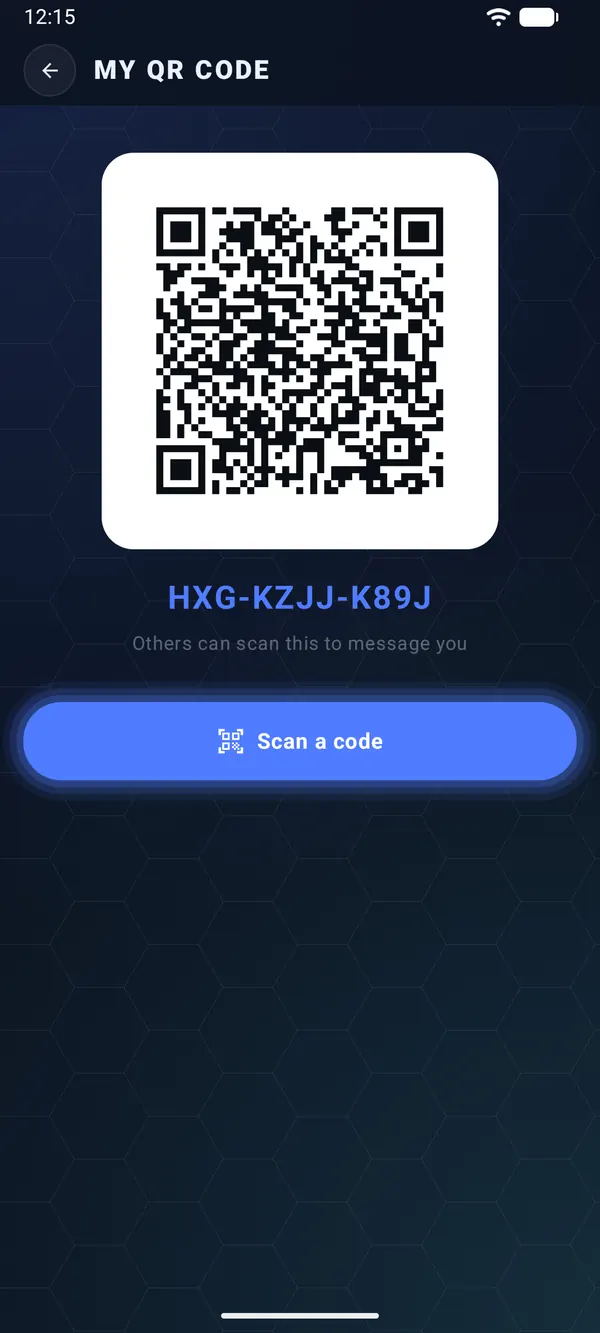 My QR code screen with a Hexagon ID