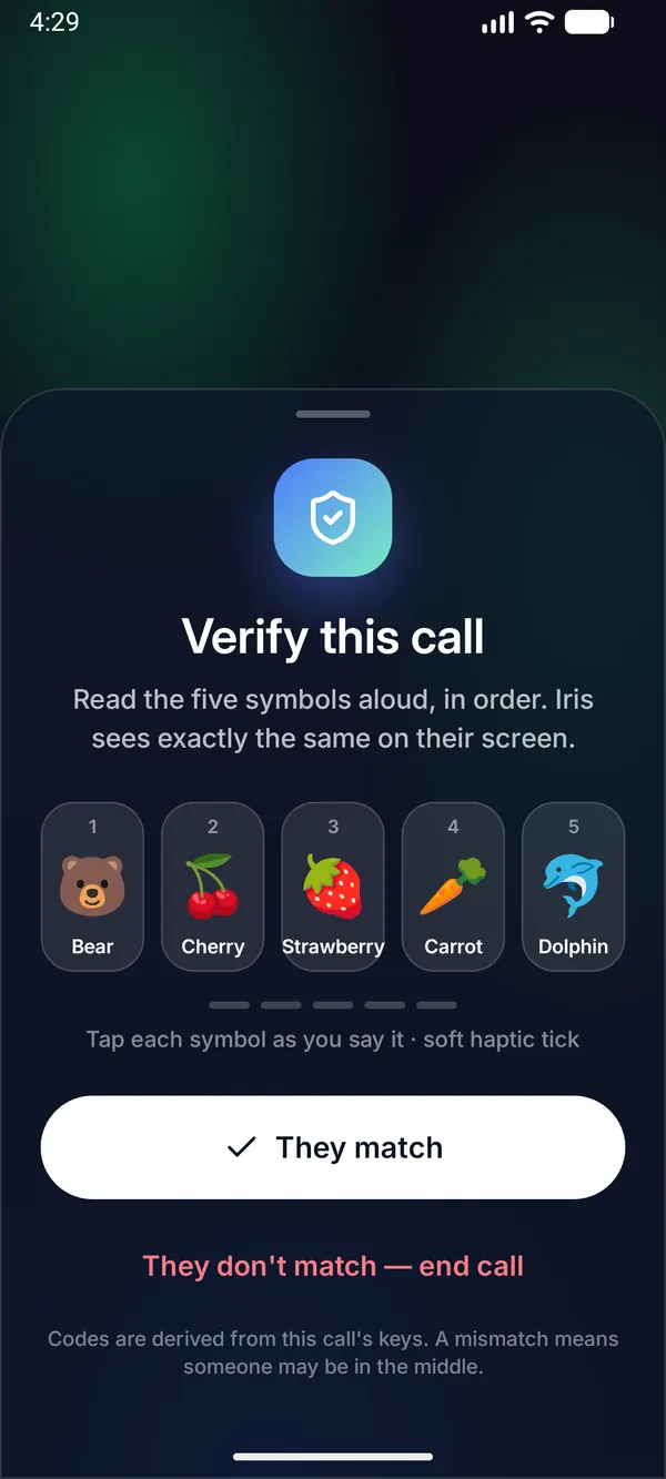 Verify this call: five symbols read aloud on both phones
